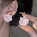 Elegant pink flower stud earrings with a pearlescent finish and 3D floral design. - 3D Floral Style (E1715) / Pink