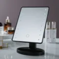 Professional black LED makeup mirror with touch screen switch and integrated storage base - Storage / Black