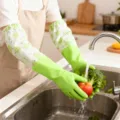 Guanti da cucina impermeabili verde floreale extra lunghi con polsini elastici antiscivolo - Coulisse / Verde