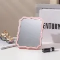 Vintage style pink tabletop vanity mirror with decorative wavy frame - Square Scalloped Style (Pink)