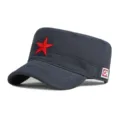 Berretto piatto in cotone blu scuro con ricamo a stella rossa per protezione solare - 55-60cm / Stile Tinta Unita / Blu navy