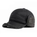 Men's winter baseball cap with ear flaps in black PU leather and warm fleece lining - 56-58CM(M) / Dark Leather Black