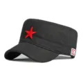 Berretto militare classico in cotone nero con una stella rossa a cinque punte ricamata - 55-60cm / Stile Tinta Unita / Nero