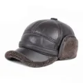 Men's dark brown PU leather winter baseball cap with plush ear flaps and fleece lining. - 56-58CM(M) / Calendered Leather Coffee