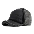 Men's premium winter PU leather trapper hat with thick fleece lining in black and grey - Dark Leather Extended Neck Protection Black