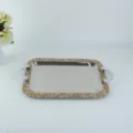 Detail view of rectangular stainless steel tray with crystal-crushed border and handles - Gold Rhinestone (Gold Rhinestone Tray) / 40X29 (cm)