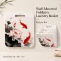 Wall-mounted foldable laundry basket with elegant fortune koi fish and lotus design - White Frame Koi Blessing