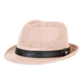 Summer breathable straw fedora sun hat with stylish black band in elegant light pink - Fits approx. 57-58cm head circumference / PU Band Style / Pink