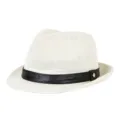 White breathable straw fedora hat with a black leather band for summer beach sun protection - Fits approx. 57-58cm head circumference / PU Band Style / Cream