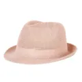 Light pink breathable straw fedora sun hat with elegant rolled brim for summer beach - Fits approx. 57-58cm head circumference / Plain Style / Pink