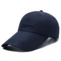 Breathable navy blue baseball cap with an extended brim and embroidered letter text - Fits 56-60cm / 刺绣多字母款(日字扣) / Navy Blue