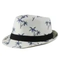 Cappello estivo in paglia con stampa di palme blu e nastro nero decorativo per il mare e la vacanza - Taglia adulto 56-58cm / Stile 3-Bianco
