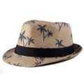 Cappello fedora in paglia estivo con stampa di palme vintage e nastro nero classico decorativo - Taglia adulto 56-58cm / Stile 3-Cachi