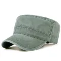 Vintage army green washed cotton flat top cadet cap with a classic distressed finish - XL (60-64) / Grey Green