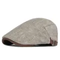 Grijze gestructureerde platte pet in Britse stijl met bruine corduroy rand en gesp - Past 56-59cm (Verstelbaar) / Effen Lichtgrijs