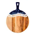 Acacia wood round charcuterie board featuring blue ocean wave epoxy resin art design - Round With Handle (Style A)