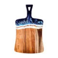 Handcrafted acacia wood charcuterie board featuring a blue ocean resin wave art design - Curved Handle Style (Style E)