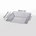 Detailed view of square stainless steel grill basket with 20cm dimension markings - S / Silver