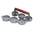 Detailed view of 3-hole manual hamburger patty press with ergonomic wooden handle - Triple Holes / Red Handle