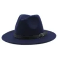 Stylish dark blue wool-like fedora jazz hat featuring a black belt buckle band decoration - M (Suitable for 56-58cm head circumference) / Navy Blue