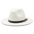 Elegant white felt fedora hat with a stylish black leather belt buckle detail. - M (Suitable for 56-58cm head circumference) / White