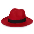 Elegant red wool felt fedora hat with stylish black ribbon band for autumn and winter. - M(56-58cm) / Square Ribbon / Red