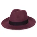Elegante cappello fedora in lana bordeaux con tesa larga e nastro nero decorativo - M(56-58cm) / Nastro Quadrato / Borgogna