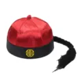 Vintage red satin traditional Chinese melon skin hat with long black ponytail for kids - Size 4 (0-1 Year Baby, 47-48cm Circumference) / Red With Black Trim