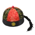 Traditional Chinese skullcap in red and black satin with golden embroidery and braid - Size 4 (0-1 Year Baby, 47-48cm Circumference) / Red and Black with Black Border