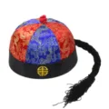 Traditional Chinese landlord hat with long black braid for costumes and performances - Size 4 (0-1 Year Baby, 47-48cm Circumference) / Red and Blue with Black Border