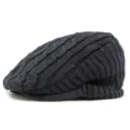 Classic dark navy blue knitted flat cap for men and women featuring warm cable knit pattern - Elastic Closure 55-59CM Head Circumference / Navy Blue