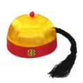 Traditional Chinese Emperor Hat for Kids with Attached Black Ponytail Braid Detail - Size 4 (0-1 Year Baby, 47-48cm Circumference) / Yellow with Red Border