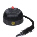 Traditional Chinese costume hat with attached braid for kids and adults, black satin - Size 4 (0-1 Year Baby, 47-48cm Circumference) / Black