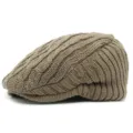 Winter warm knitted beret flat cap in khaki featuring cable knit texture for men and women - Elastic Closure 55-59CM Head Circumference / Dark Khaki