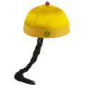 Traditional yellow Chinese emperor hat with attached black braid pigtail for costumes. - Size 9 (Adult Large, 59-60cm Circumference) / Yellow