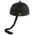 Traditional Chinese skullcap hat in black with attached long braid for performance - Size 9 (Adult Large, 59-60cm Circumference) / Black Pattern