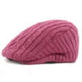 Retro magenta cable-knit beret hat with warm fleece lining for the winter season - Elastic Closure 55-59CM Head Circumference / Rose Red