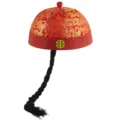 Traditional Chinese red emperor hat with golden dragon pattern and long black braid - Size 9 (Adult Large, 59-60cm Circumference) / Red Print
