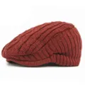Reddish-brown winter warm knit flat cap with retro British style for men and women - Elastic Closure 55-59CM Head Circumference / Burgundy