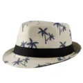 Cappello di paglia traspirante con stampa di palme blu e nastro - Taglia adulto 56-58cm / Stile 3 - Beige