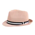 Pinkish beige breathable straw fedora hat with striped ribbon for summer - Fits approx. 57-58cm head circumference / Black and White Striped Band / Pink