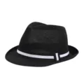 Breathable black straw fedora hat with white stripe for summer beach sun protection - Fits approx. 57-58cm head circumference / Black and White Striped Band / Black