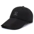 Breathable black baseball cap featuring an extended long brim and letter R embroidery - Fits 56-60cm / 刺绣R后网眼款(日字扣) / Black