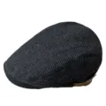 Classic dark grey herringbone flat cap featuring a brown leather side strap for style. - Fits 55-59CM Head Circumference / Herringbone (B0288) / Black Dark Gray Herringbone