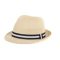 Breathable straw fedora hat with black and white striped band for summer beach - Fits approx. 57-58cm head circumference / Black and White Striped Band / Beige