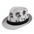 Cappello fedora estivo in paglia bianca con stampe di palme nere e nastro decorativo - Taglia adulto 56-58cm / Stile 5-Bianco