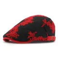 Vintage black and red floral jacquard knit beret hat for women with adjustable buckle strap - Fits 55-60cm Head Circumference / Red