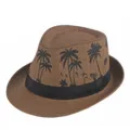 Elegante cappello fedora in paglia marrone con stampe di palme nere e nastro classico - Taglia adulto 56-58cm / Stile 5-Caffè