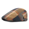 Retro British style plaid flat cap with navy and brown checkered pattern and buckle - Fits 55-60cm Head Circumference / Style 1-Navy Blue