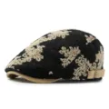 Vintage cotton jacquard knit beret cap for women featuring black and beige floral pattern - Fits 55-60cm Head Circumference / Khaki